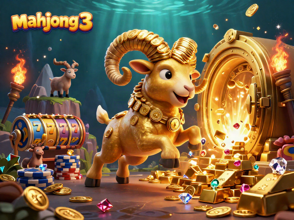 Play mahjong 3 amidst a vibrant casino of golden treasures and slot reels, rich in detail.