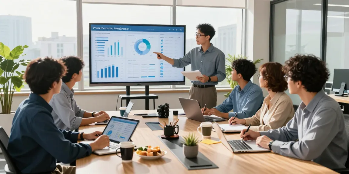 IT support businesses team collaborating in a modern office with laptops and tablets, analyzing data together.