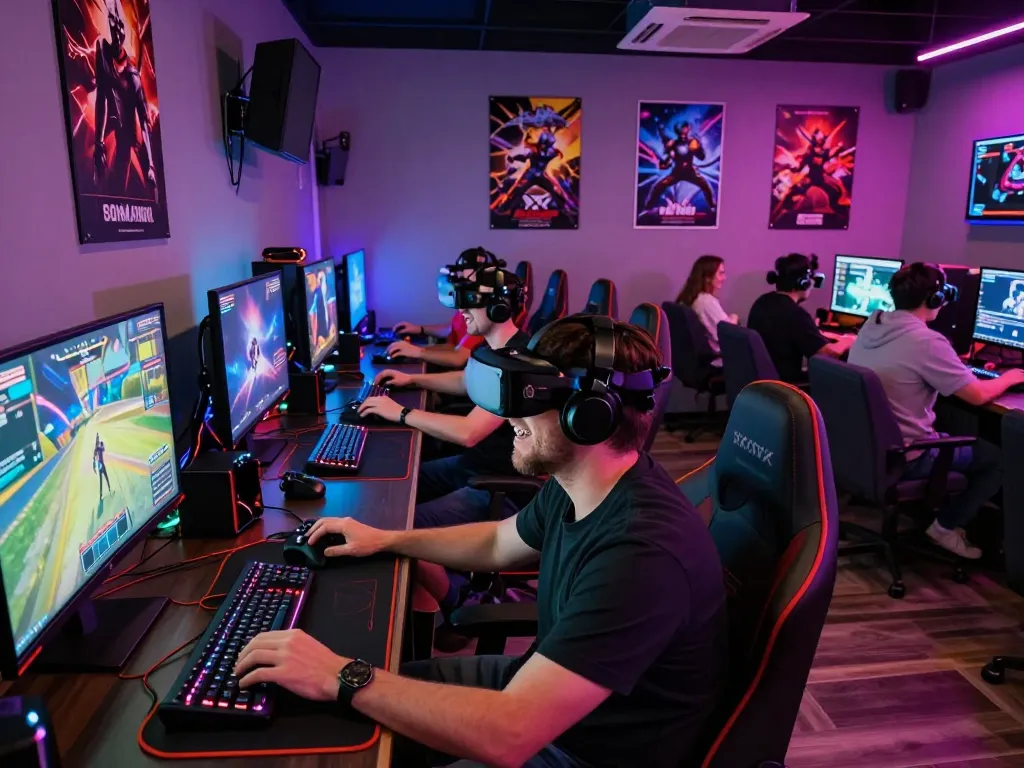 Adults immersed in xxx games in a vibrant gaming lounge setting with colorful lights.
