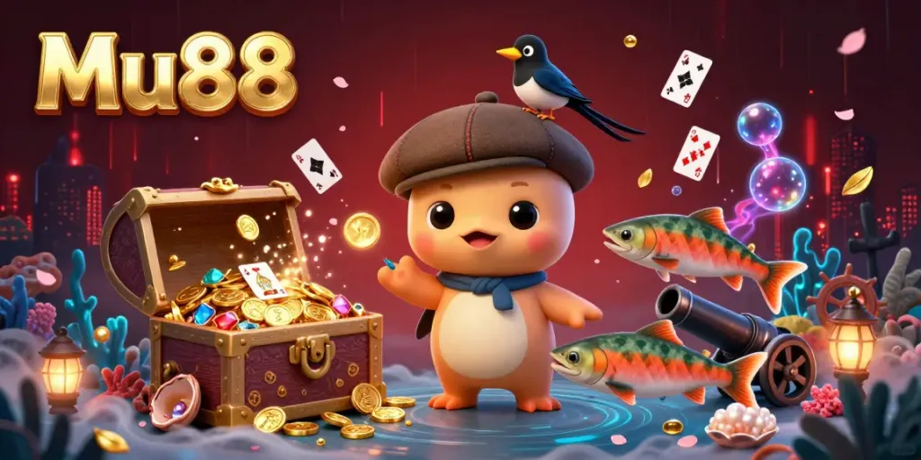Mu88 brings an enchanting underwater world alive with playful characters, gold treasures, and vibrant visuals in this casino-themed illustration.