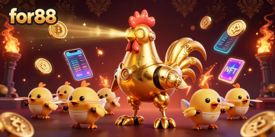 Experience exciting gameplay with for88's vibrant cartoon casino scene featuring unique robotic characters and cryptocurrencies.