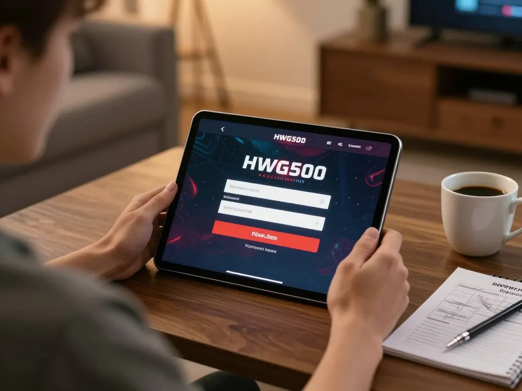 hwg500 login screen displayed on tablet during an engaging home gaming session with warm ambiance.