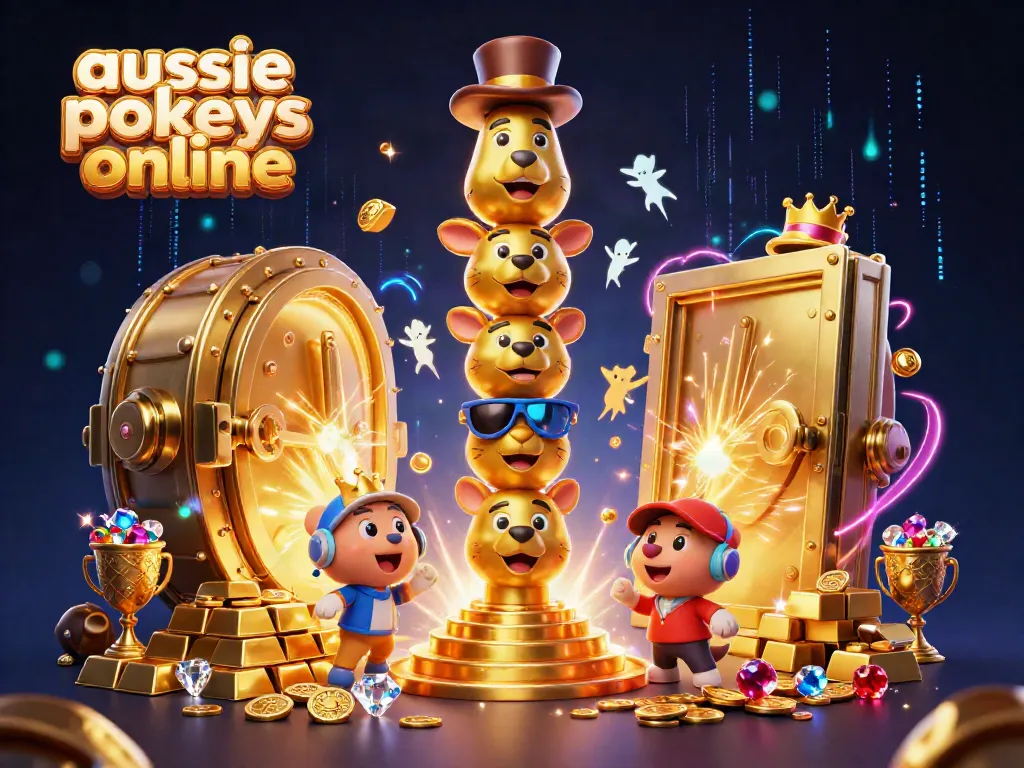 Spin to win with aussie pokies online in a dazzling 3D casino illustration featuring vibrant characters and treasures.