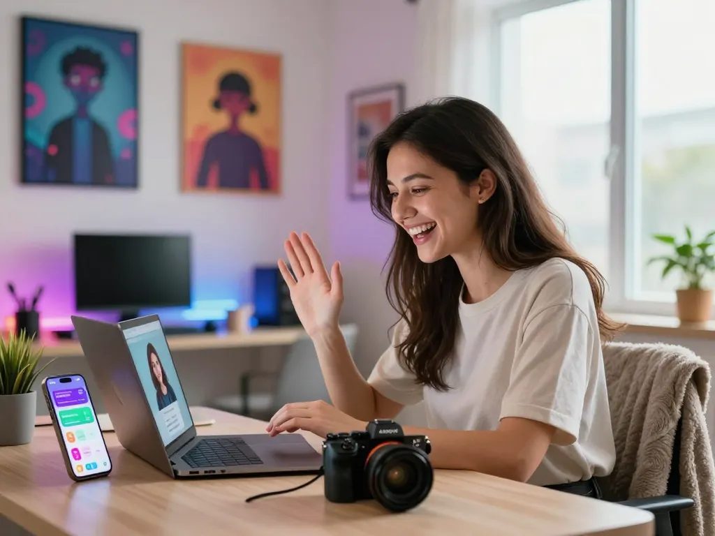 Engaged user interacting with an AI girlfriend in a tech-savvy home office.