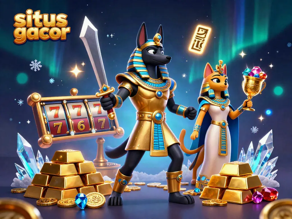 Experience the excitement of situs slot gacor with Anubis and Bastet amidst treasures and glowing hieroglyphs.