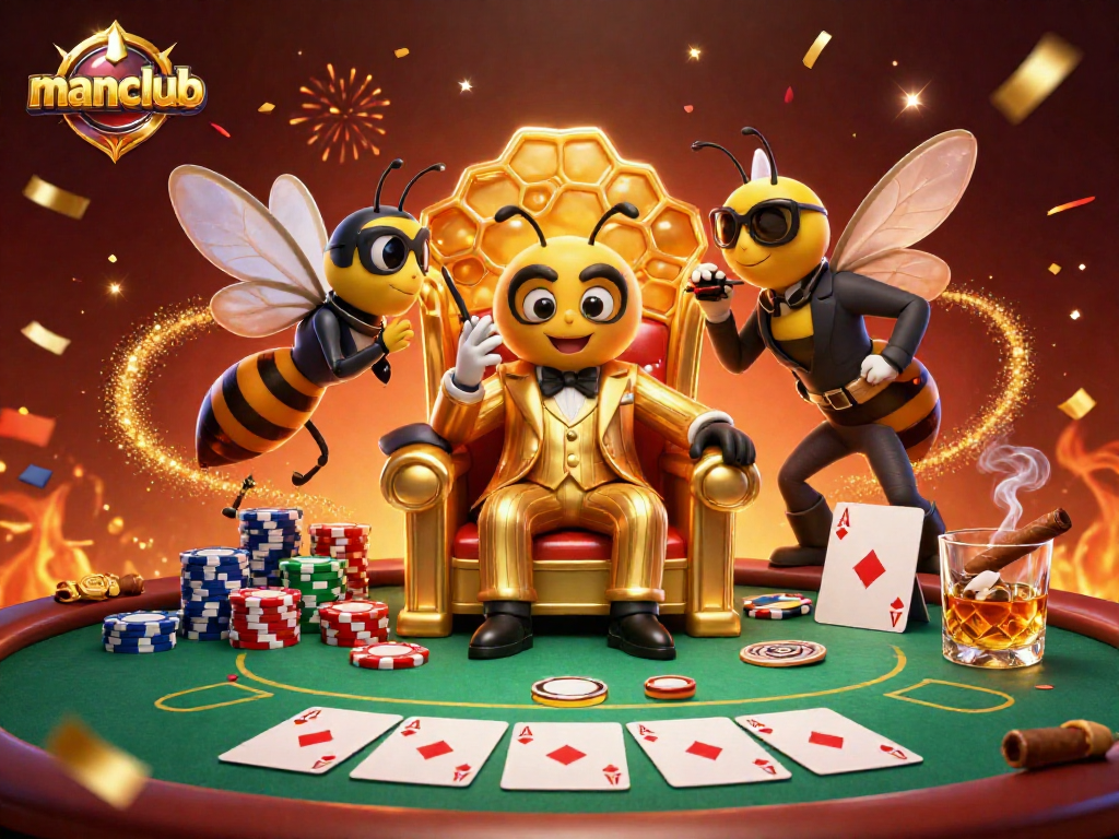 manclub showcases an energetic poker scene with a bumblebee mob boss and vibrant game elements