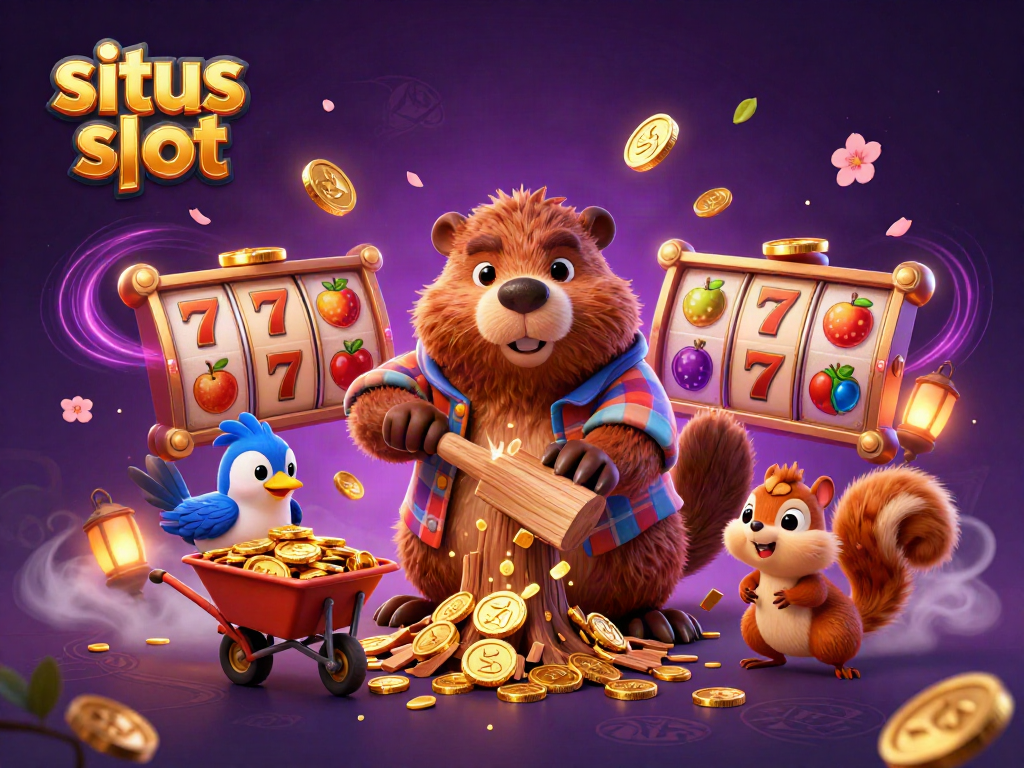 The 3D cartoon lumberjack beaver embodies situs slot excitement as he chops a tree raining golden coins, with gaming symbols surrounding