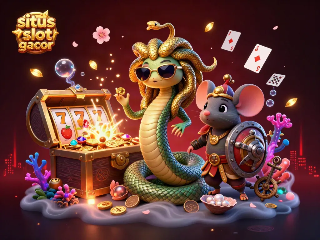 Spin the reels on situs slot gacor while Medusa and a warrior mouse unveil treasures in a vibrant scene.