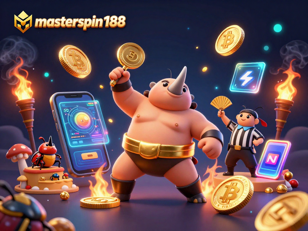 Experience excitement at masterspin188 with a sumo beetle champion amidst flying crypto coins!