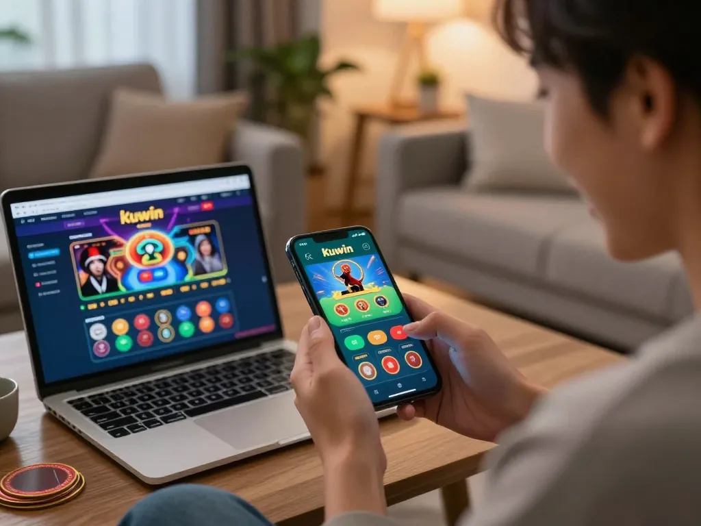 Excited user engaging with kuwin đăng nhập on smartphone in cozy setting while betting in an online casino.