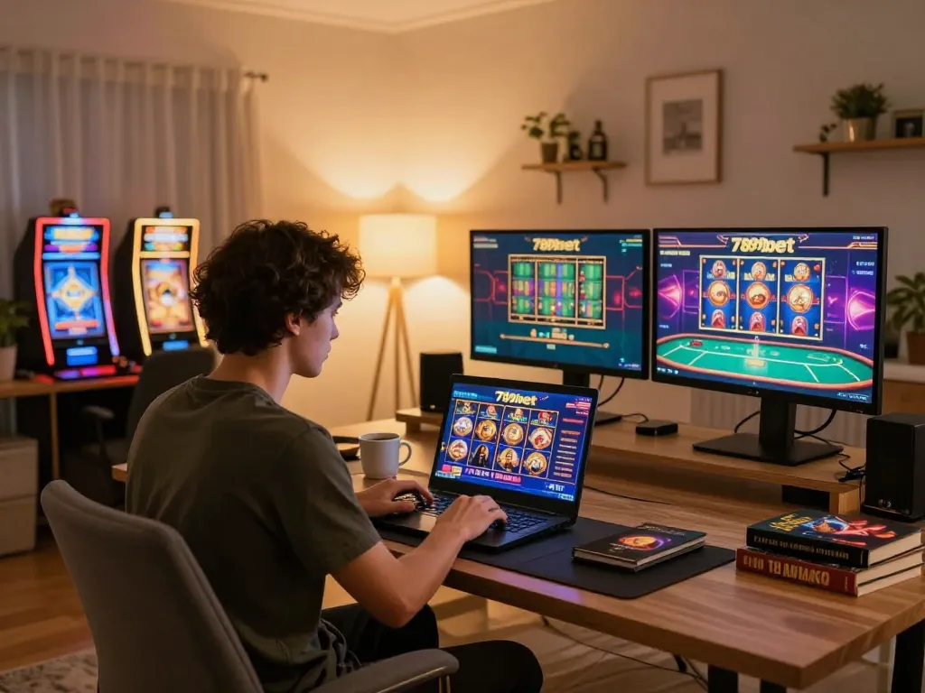 Engaging online gaming experience with 789bet on laptop in a stylish home office.