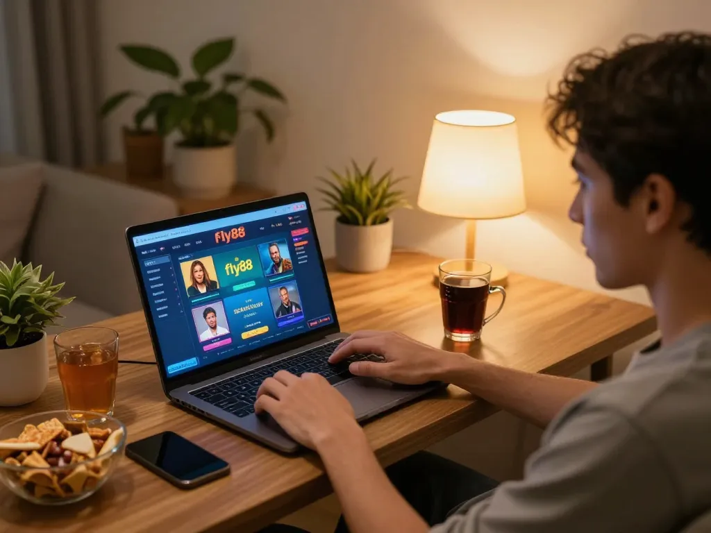 Engaging in online gaming at home with fly88 for a strategic gambling experience.