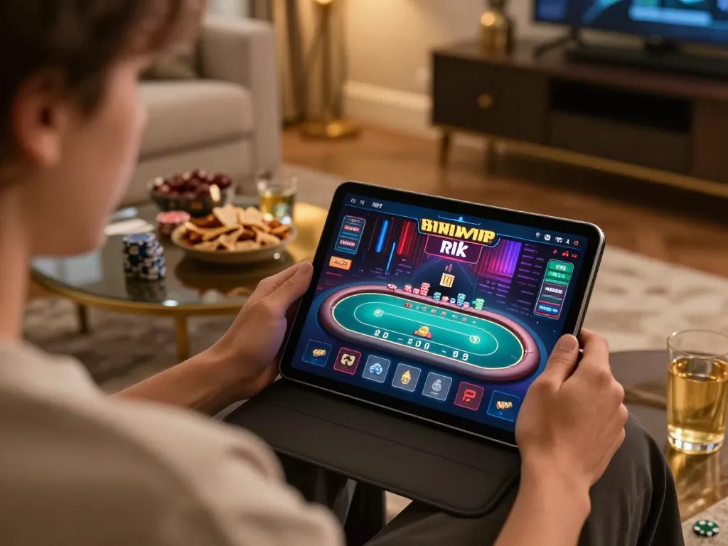 Engage in thrilling gameplay on rik vip with a vibrant poker table displayed on a tablet.