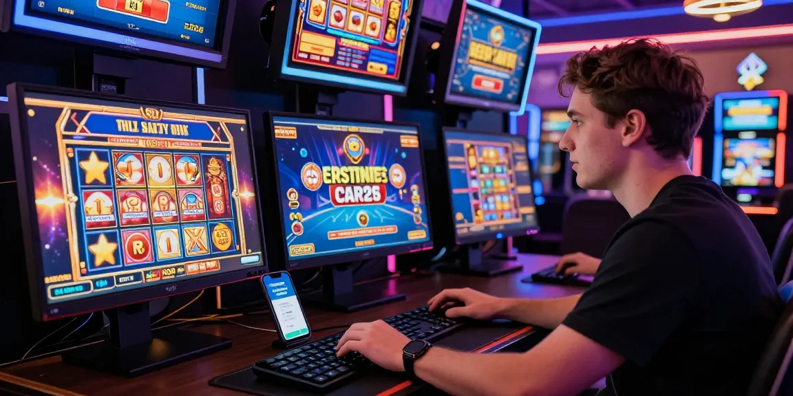 Spannende Spielumgebung mit einem Benutzer, der mit einem Paysafe Card Casino interagiert, umgeben von Monitoren mit lebhaften Casino-Grafiken.