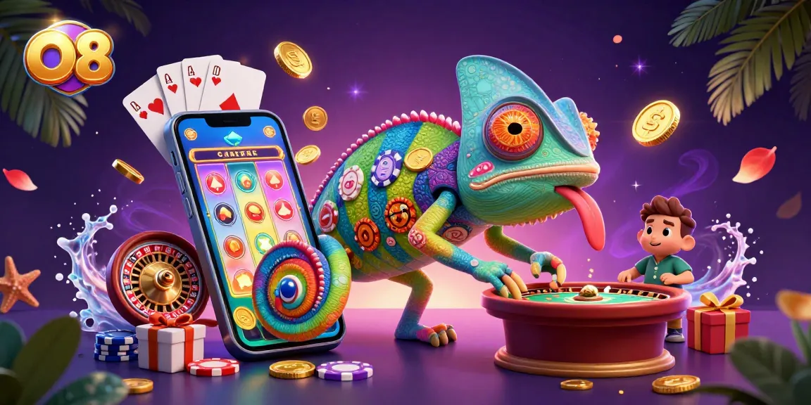 Experience the vibrant world of O8 with a lively chameleon casino owner and dynamic game elements.