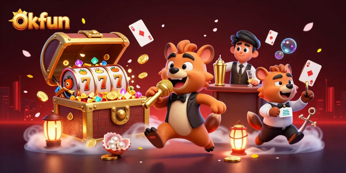 Spin the slots at okfun with lively hyenas in a vibrant casino scene filled with treasures.