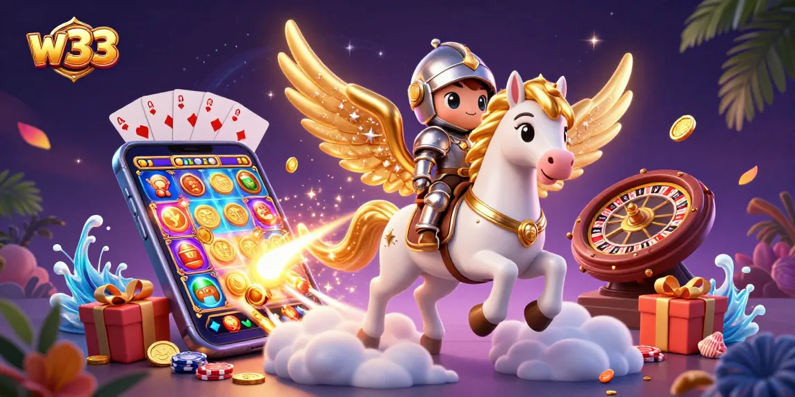 Experience the thrill of w33 casino gaming with a celestial horse and knight amidst vibrant slot elements.