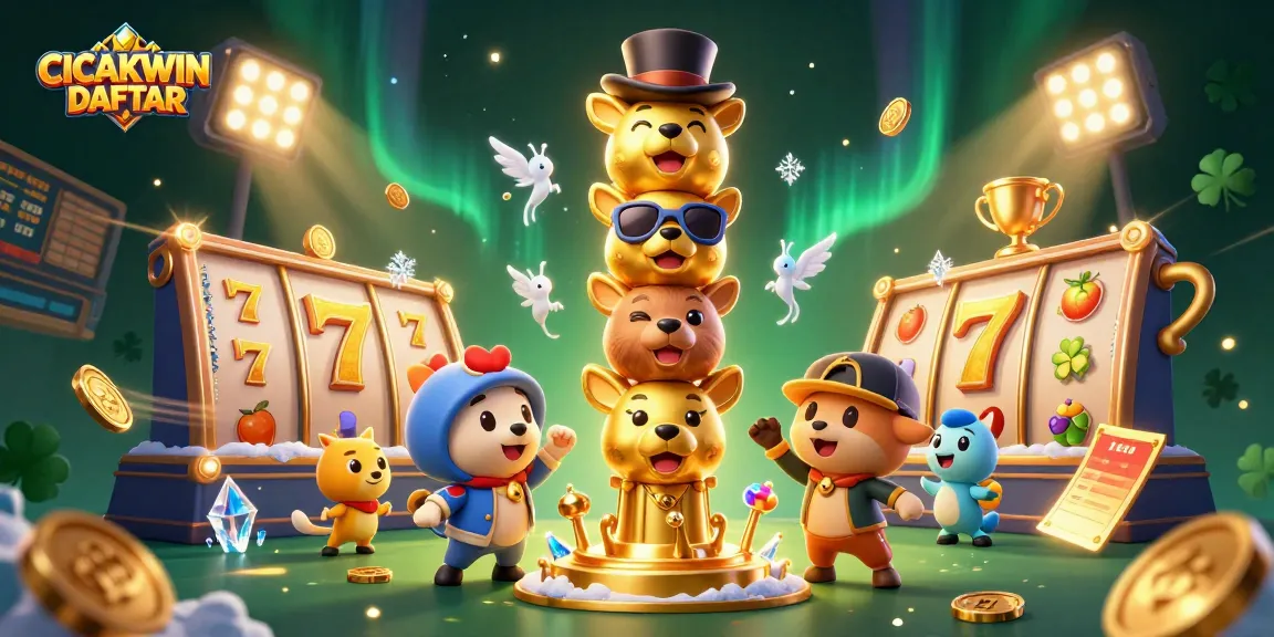 CICAKWIN DAFTAR showcases a vibrant 3D scene with a golden totem pole and dynamic slot game elements.