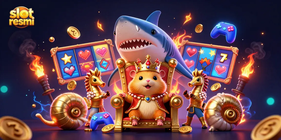 Play slot resmi with a vibrant illustration featuring a golden hamster king amidst colorful gaming elements.