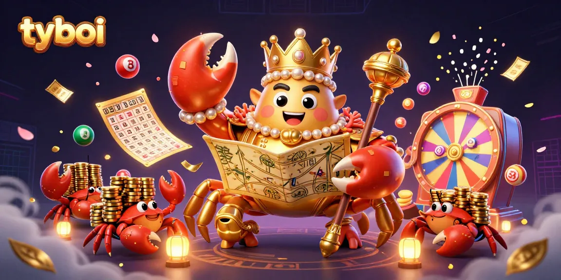 Win big with tyboi in an immersive casino scene featuring a golden crab emperor with treasure elements floating around.