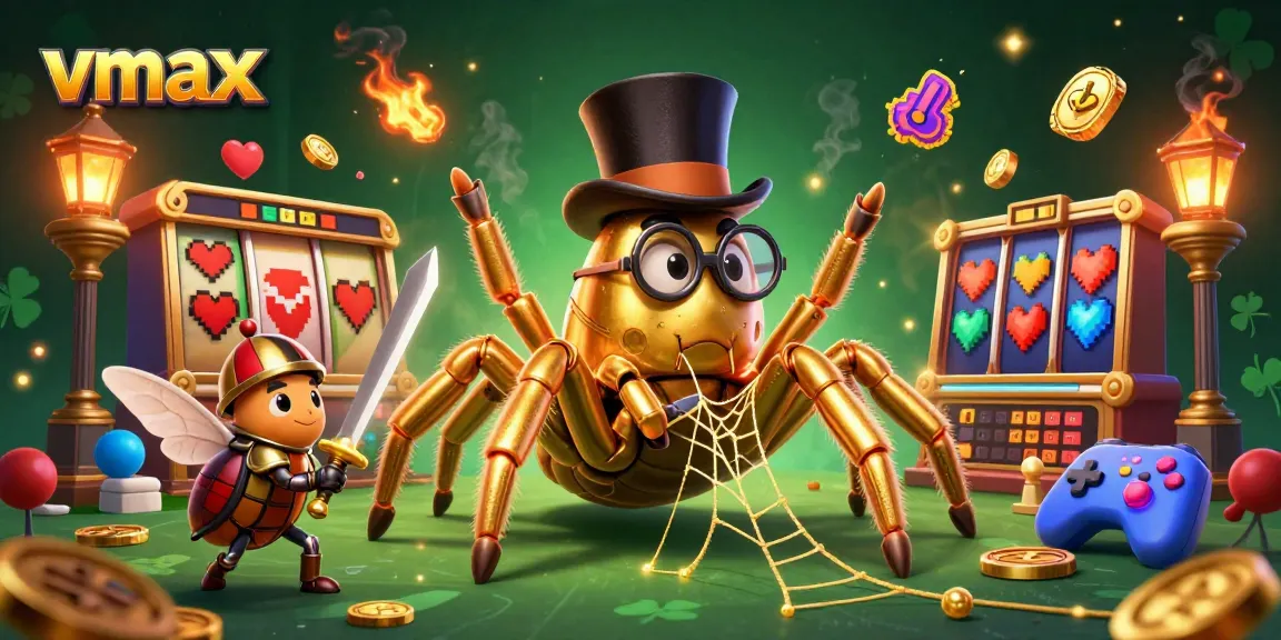 Experience the thrill of vmax slots with golden reels and vibrant characters in a dynamic casino scene.