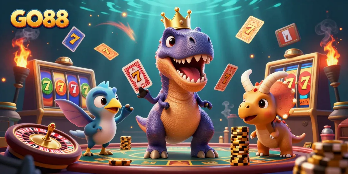 Engage with GO88's thrilling experience in this unique 3D casino scene featuring animated characters and vibrant game elements.