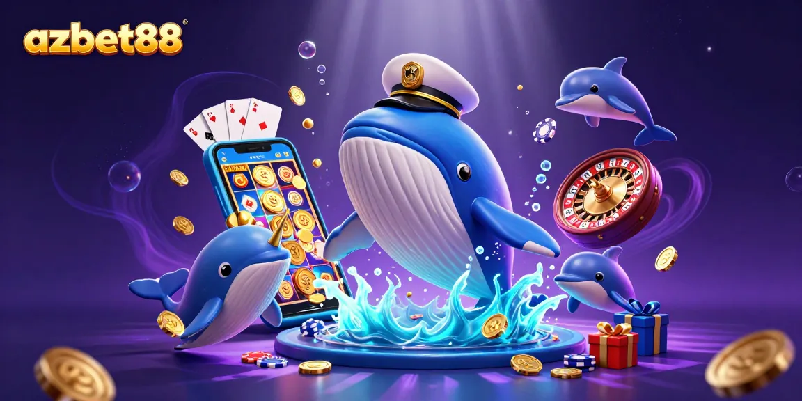 Experience the thrill with azbet88 as a whale breaching through golden coins surrounded by poker chips.