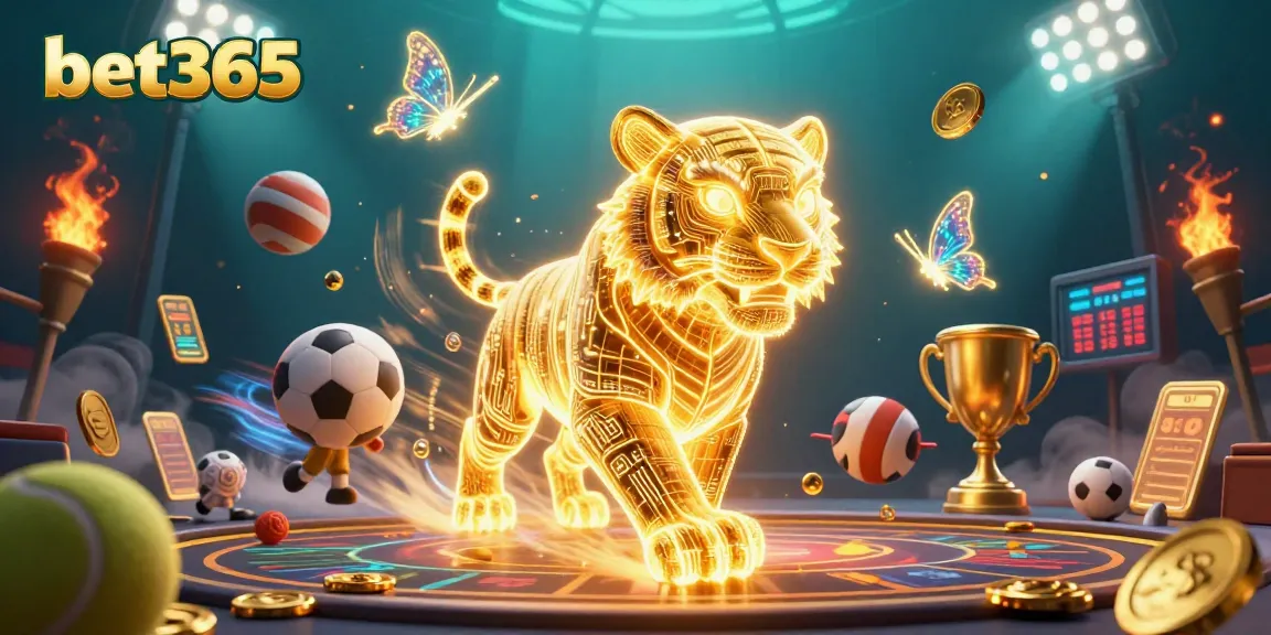 Place your bets with bet365 in this dynamic sports betting scene showcasing vibrant casino elements.