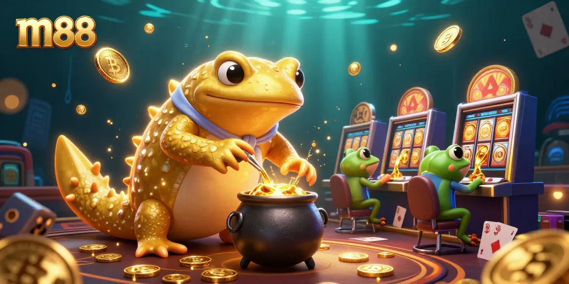 Experience m88's animated casino magic as characters conjure wealth amidst vibrant gaming elements.