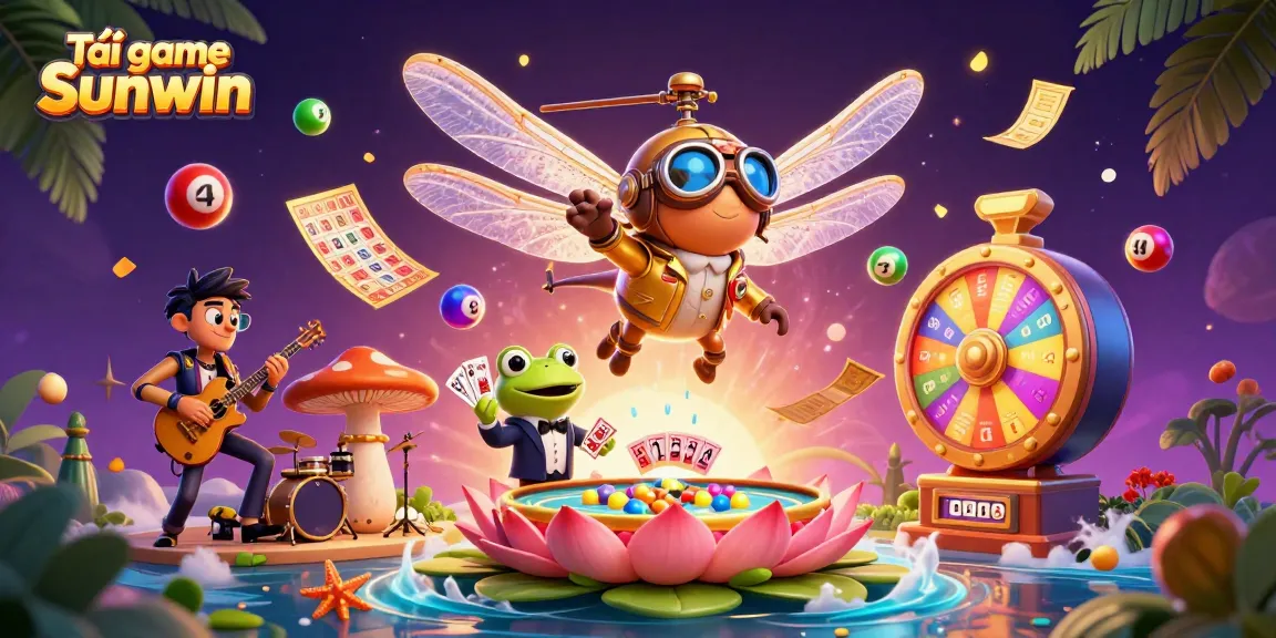 Experience Tải game Sunwin with vibrant scenes of a dragonfly pilot and a frog croupier amidst colorful casino elements.