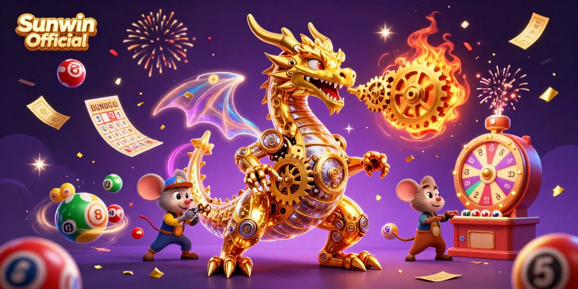 Engage with Sunwin Official's vibrant gaming scene featuring a golden dragon amidst a dynamic casino atmosphere.