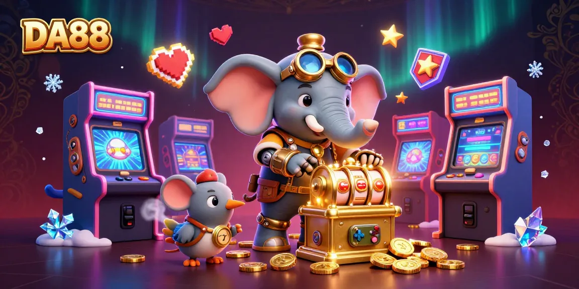 Engage with DA88's vibrant casino world featuring a steampunk elephant operating a slot machine.