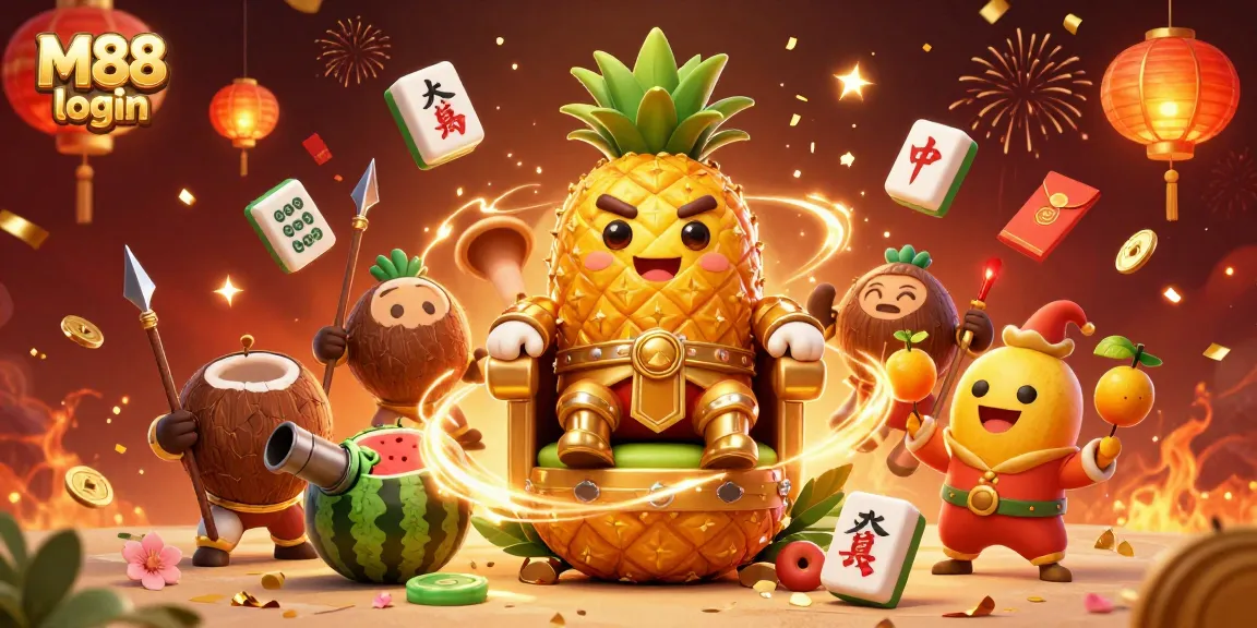 Experience the thrill of M88 login as a golden pineapple king reigns amidst vibrant casino elements.