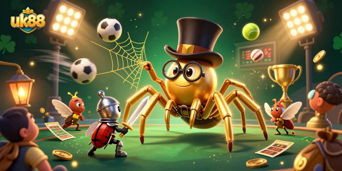 Experience thrilling betting with uk88 as a golden tarantula weaves magic amidst vibrant casino elements.
