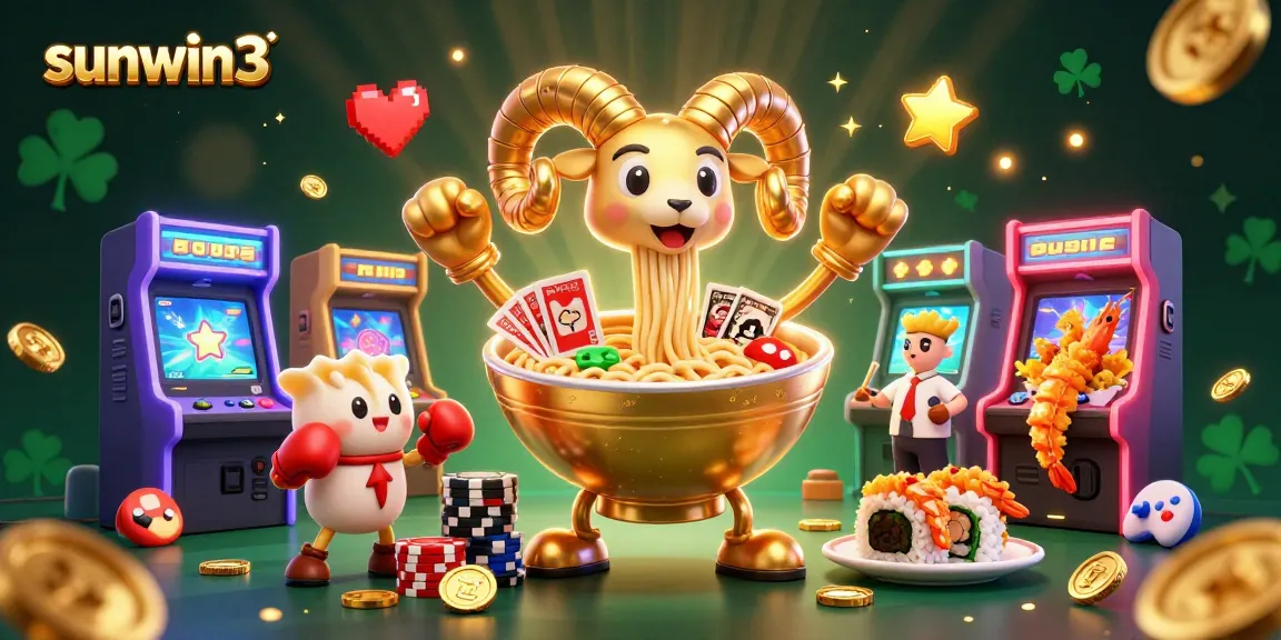 Engage with sunwin3's exciting 3D casino scene featuring vibrant characters like a ramen bowl and sushi dealer.